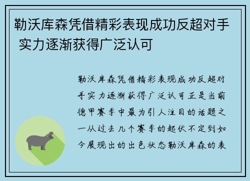 勒沃库森凭借精彩表现成功反超对手 实力逐渐获得广泛认可
