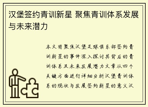 汉堡签约青训新星 聚焦青训体系发展与未来潜力